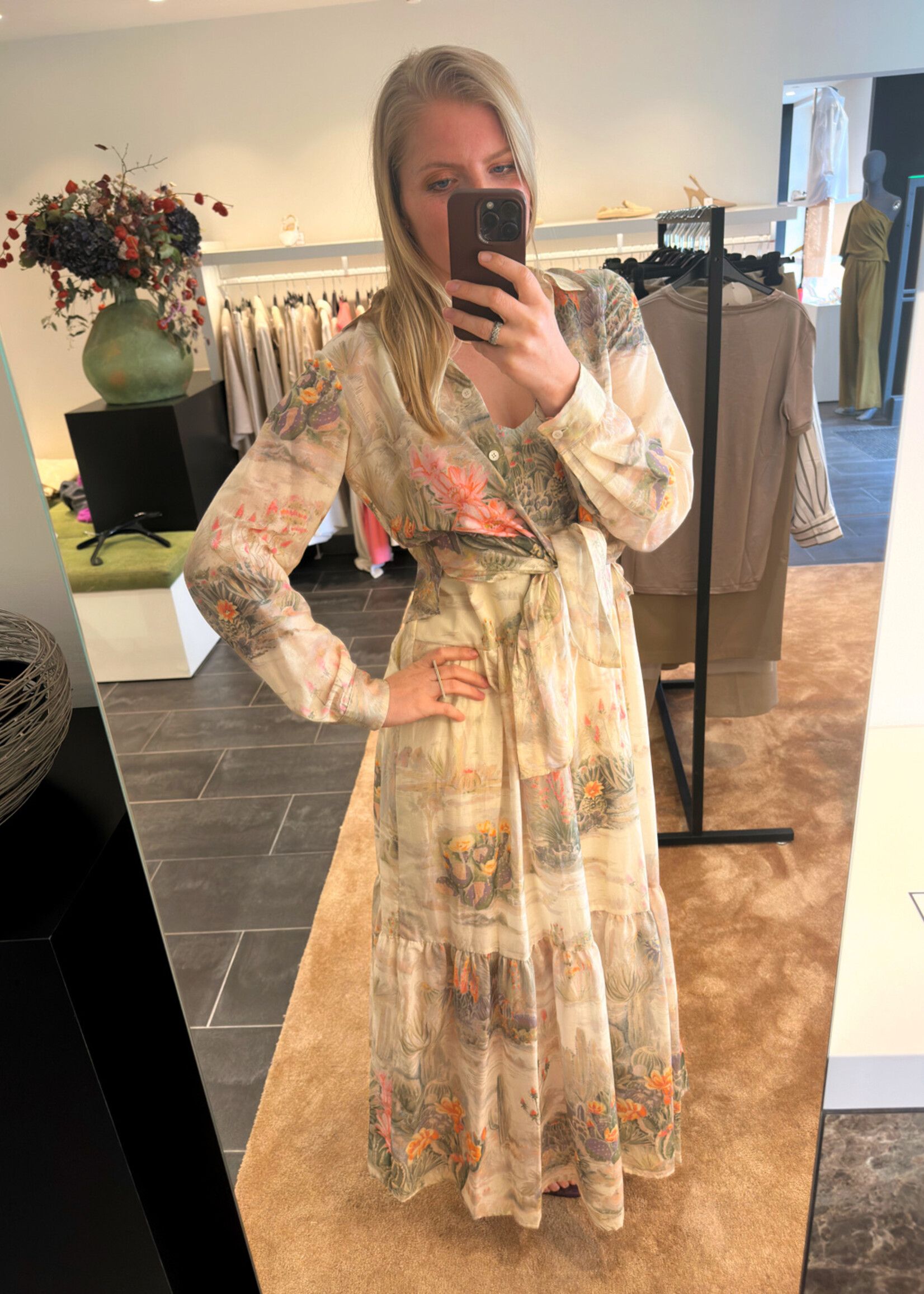 Maxi Dress With Cactus Print Straw Patterned