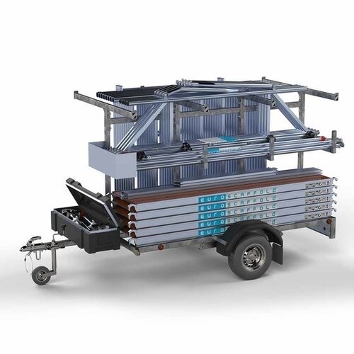 Euroscaffold Steigeraanhanger + Euro Rolsteiger Compleet 135 x 250 x 8,2m werkhoogte + enkele voorloopleuning
