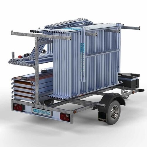 Euroscaffold Steigeraanhanger + Euro Rolsteiger Compleet 135 x 250 x 8,2m werkhoogte + enkele voorloopleuning