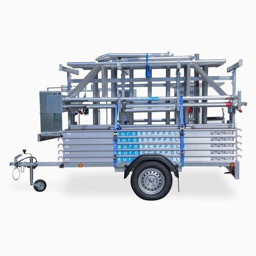 Euroscaffold Steigeraanhanger + Euro Rolsteiger Compleet 135 x 250 x 6,2m werkhoogte + enkele voorloopleuning