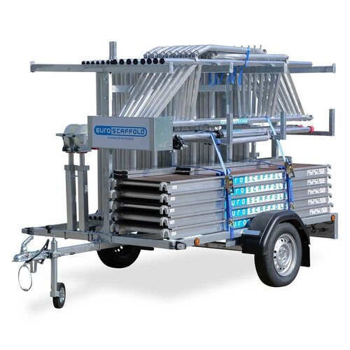 Euroscaffold NIEUW! Steigeraanhanger + rolsteiger met dubbelzijdige voorloopleuning 135x305x12,2m werkhoogte