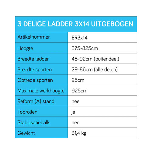 Eurostairs Eurostairs Opsteek ladder driedelig uitgebogen 3x14 sporten + gevelrollen