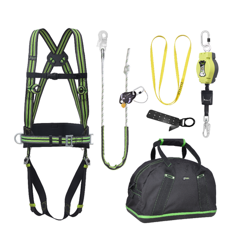 Kratos Complete set valbeveiliging Daken Basic harnas antival Valstopblok 6m Werkpositielijn +klem 5m Ankerstrop Ankerpunt voor op hout