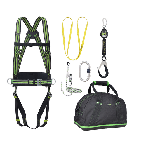 Kratos Complete set valbeveiliging Allround Basic harnas antival Valstopblok riem 2m Veiligheidslijn lijnklem 10 Ankerstrop Stalen karabijnhaak