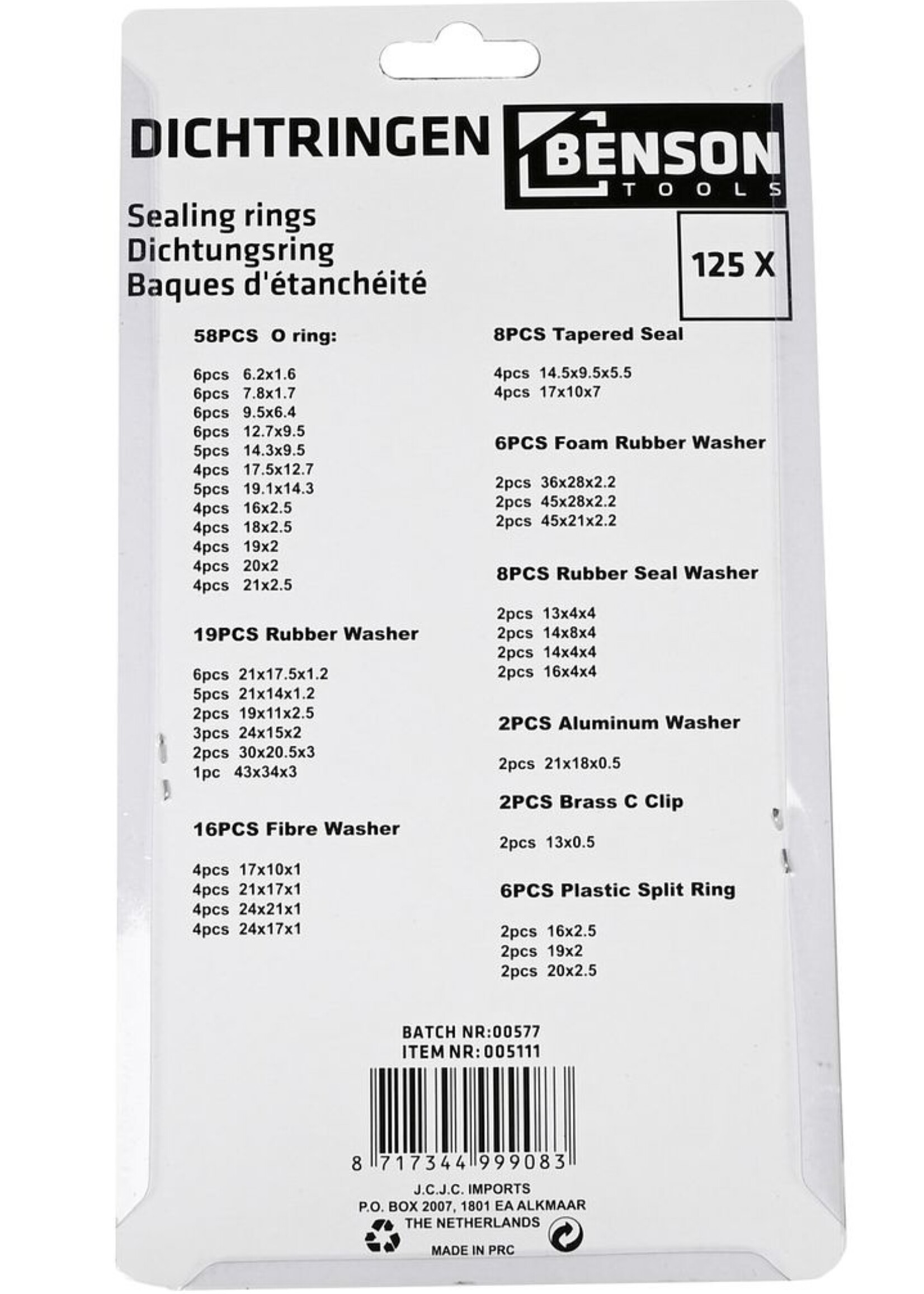 Benson Tools Dichtringen Assorti 125 dlg Box - O-ringen - Rubberen Ringen - Afdichtingen