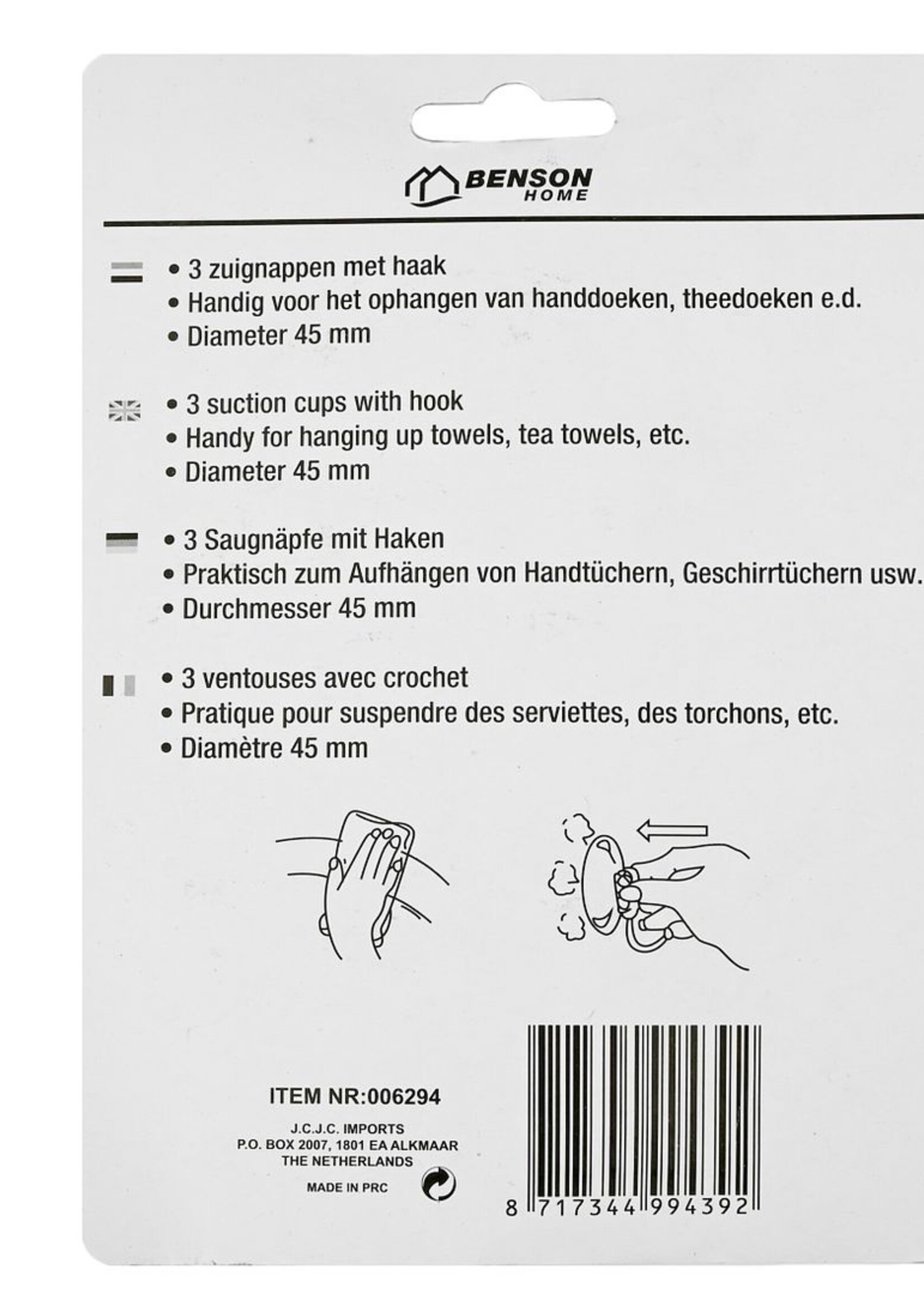 Benson Home Zuignap met Haak 3 dlg ø 45 mm - Handige Ophanghaak - Zuignaphaak