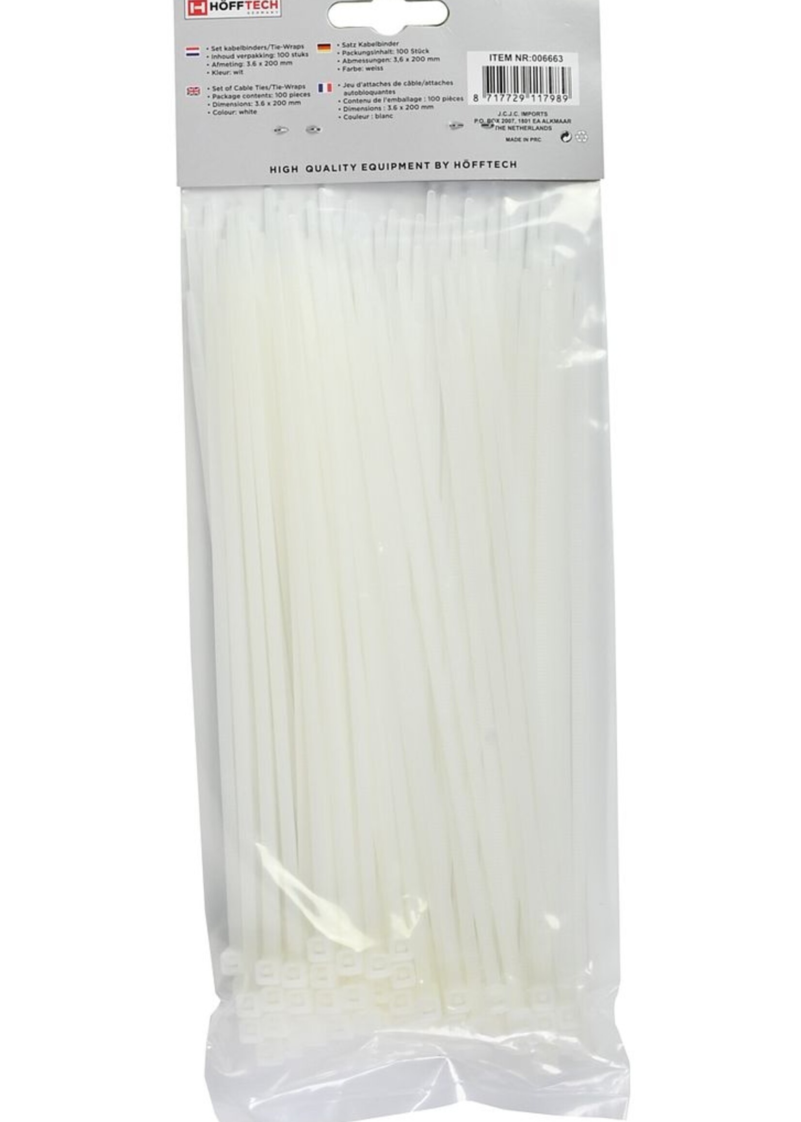 Höfftech Tie Ribs 3.6 x 200 mm - 100 Stuks - Kabelbinders - Wit