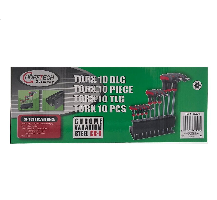 Torx T-Sleutelset 10 dlg met Standaard - Ergonomische T-Handgrepen - Anti-Slip Handvat