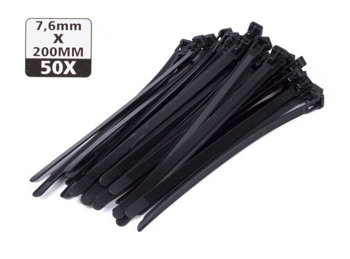 Höfftech Tie Ribs Loskoppelbaar 7.6 x 200 mm / Zwart 50 dlg - Set Kabelbinders - Hersluitbaar