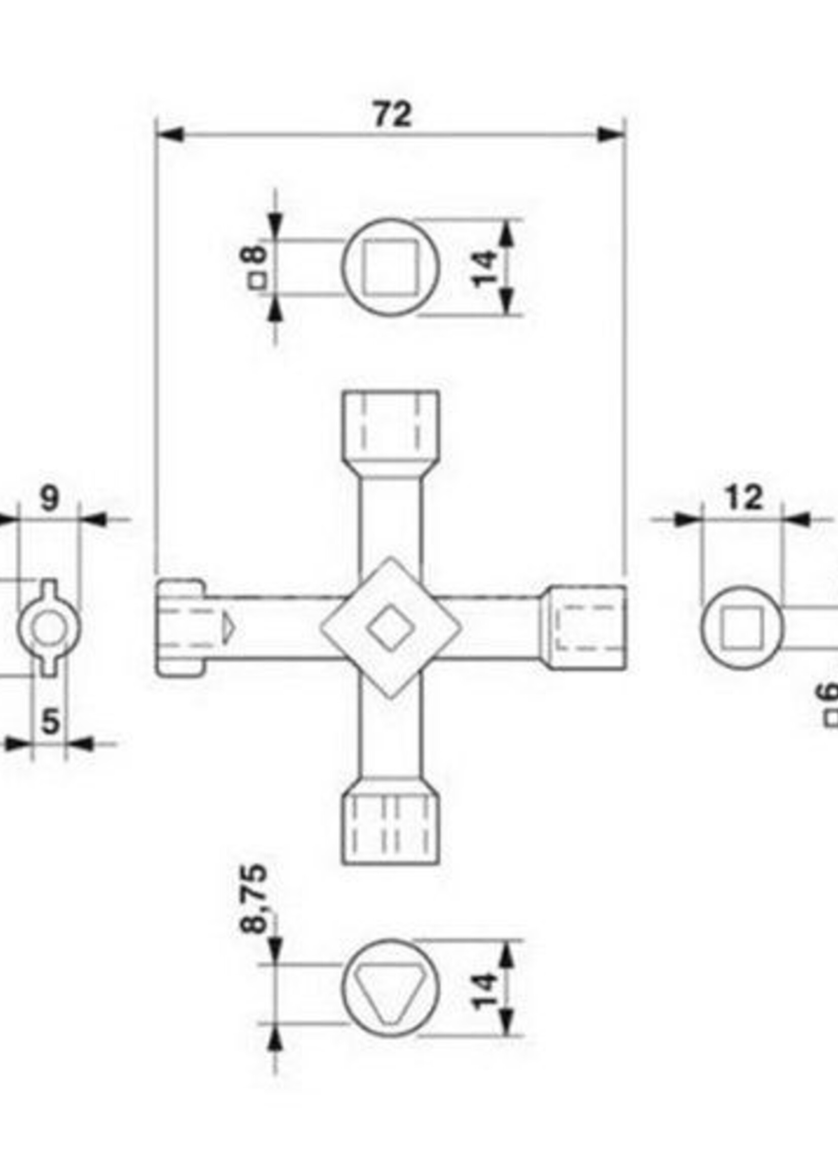 Benson Tools Universele Sleutel 4-Weg - Meterkast Sleutel, CAI-Systeem Opener, Airconditioner Sleutel, Paaltjessleutel