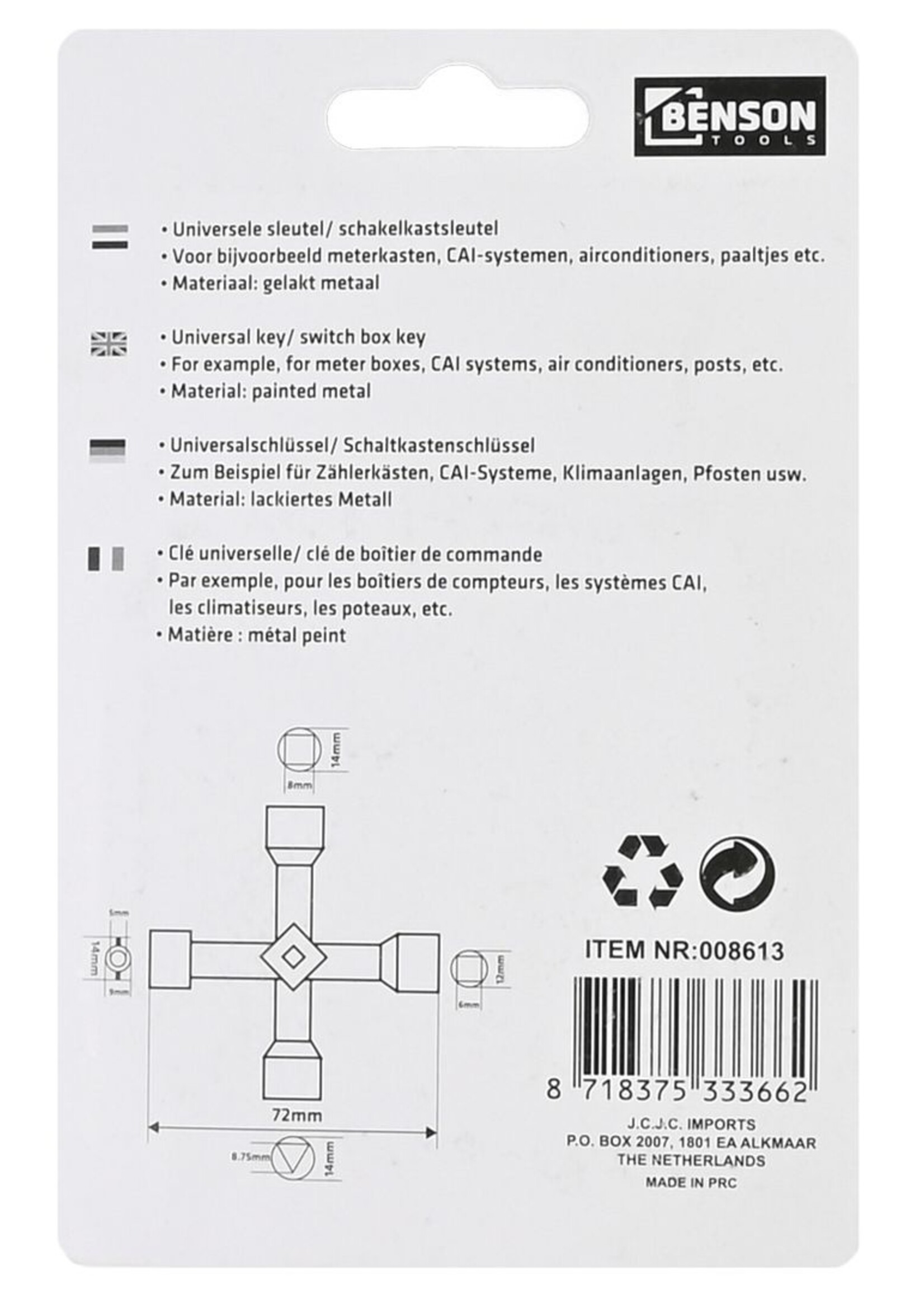 Benson Tools Universele Sleutel 4-Weg - Meterkast Sleutel, CAI-Systeem Opener, Airconditioner Sleutel, Paaltjessleutel