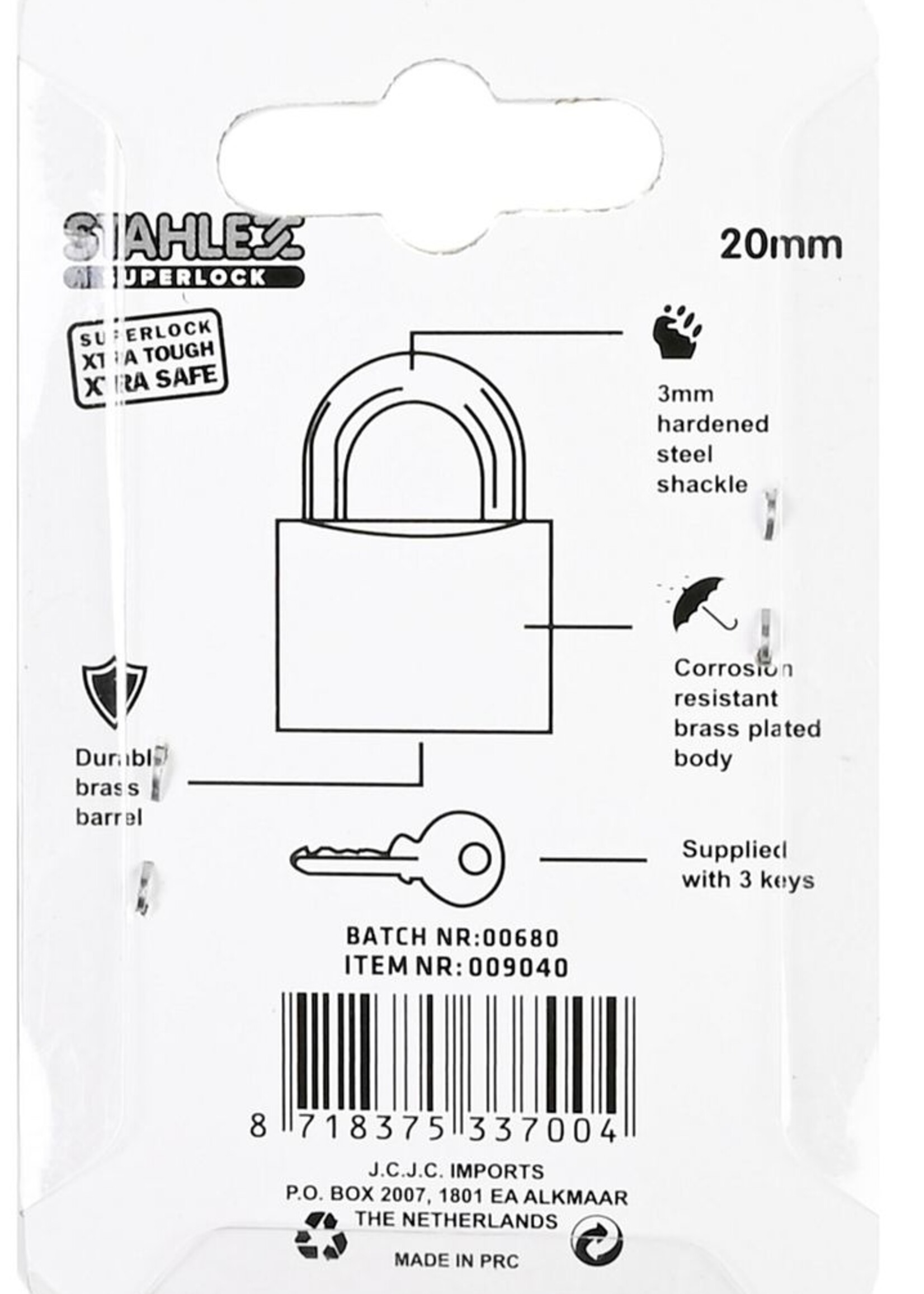 Stahlex Hangslot 20 mm - Veiligheidsslot - Slot met Sleutels