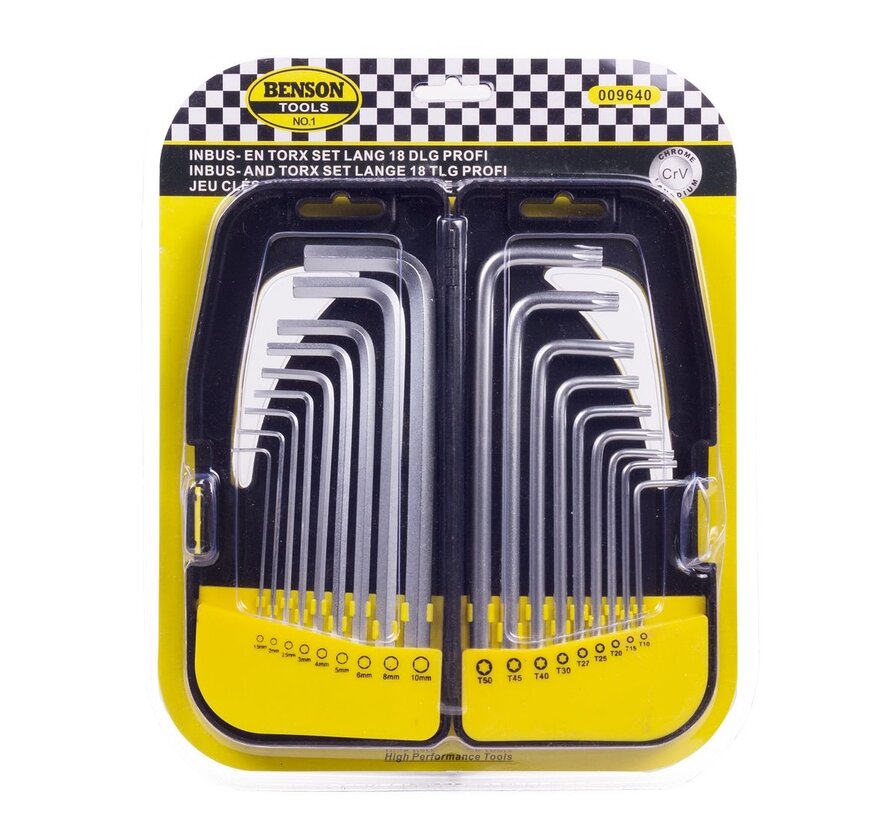 Inbus- en Torx Sleutelset Lang 18 dlg Profi - Uitgebreide Set voor Professionals