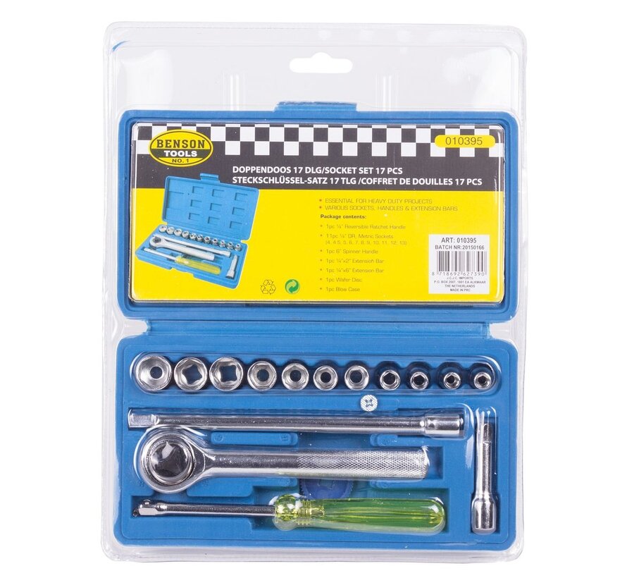 Doppendoos 17 dlg - Dopsleutelset, Ratelset, Socketset in Kunststof Opbergdoos