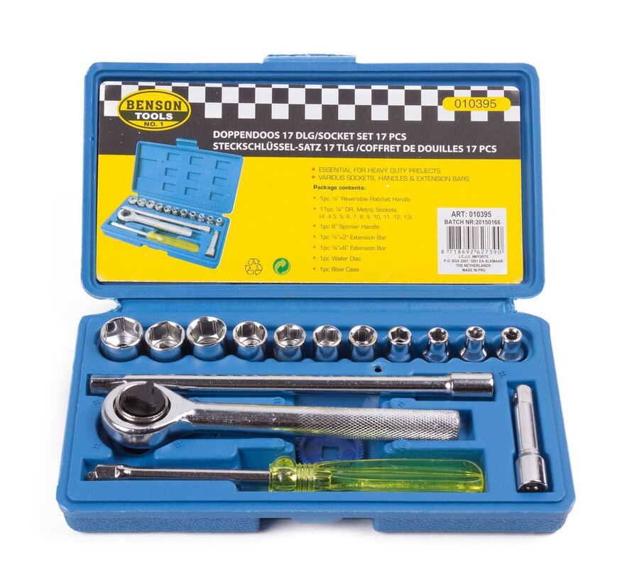 Doppendoos 17 dlg - Dopsleutelset, Ratelset, Socketset in Kunststof Opbergdoos