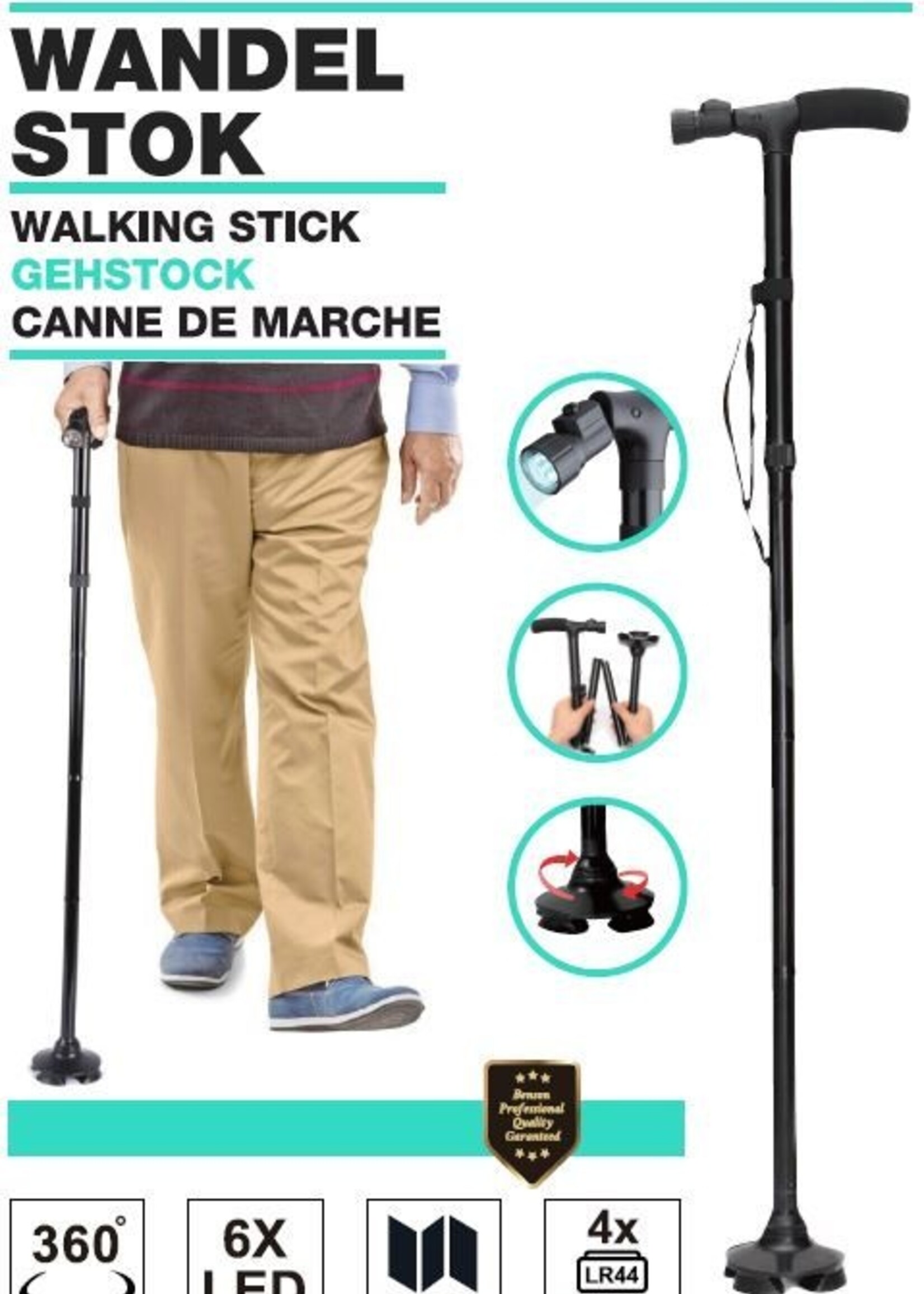 Wandelstok Easy Ergo + LED - Ergonomische Wandelstok voor Senioren - Zwart