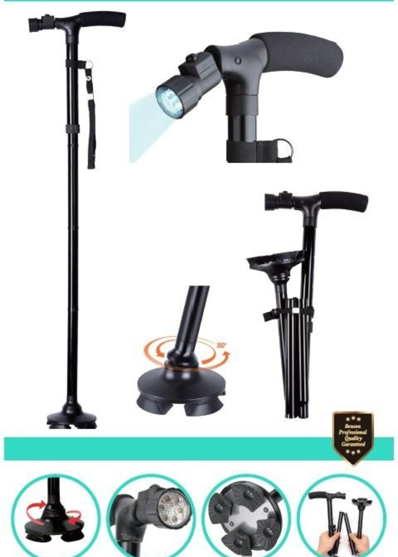 Wandelstok Easy Ergo + LED - Ergonomische Wandelstok voor Senioren - Zwart