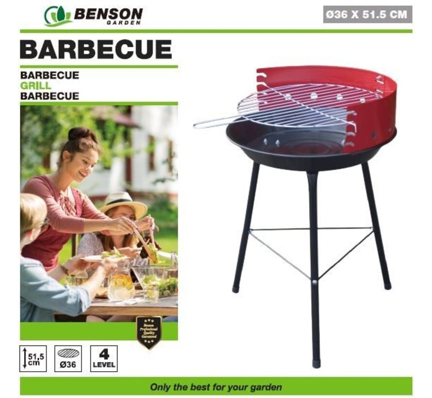 Barbecue 4-Level 36 x 36 x 51,5 cm - Verstelbare Grill - Traditionele Houtskoolbarbecue