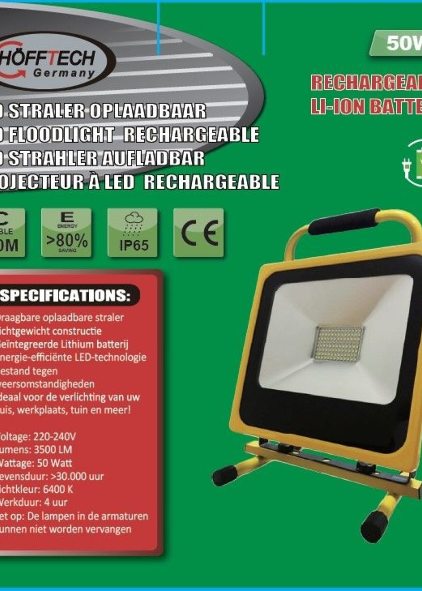 Höfftech Led Straler 50W - Oplaadbaar - Werlplaatsverlichting