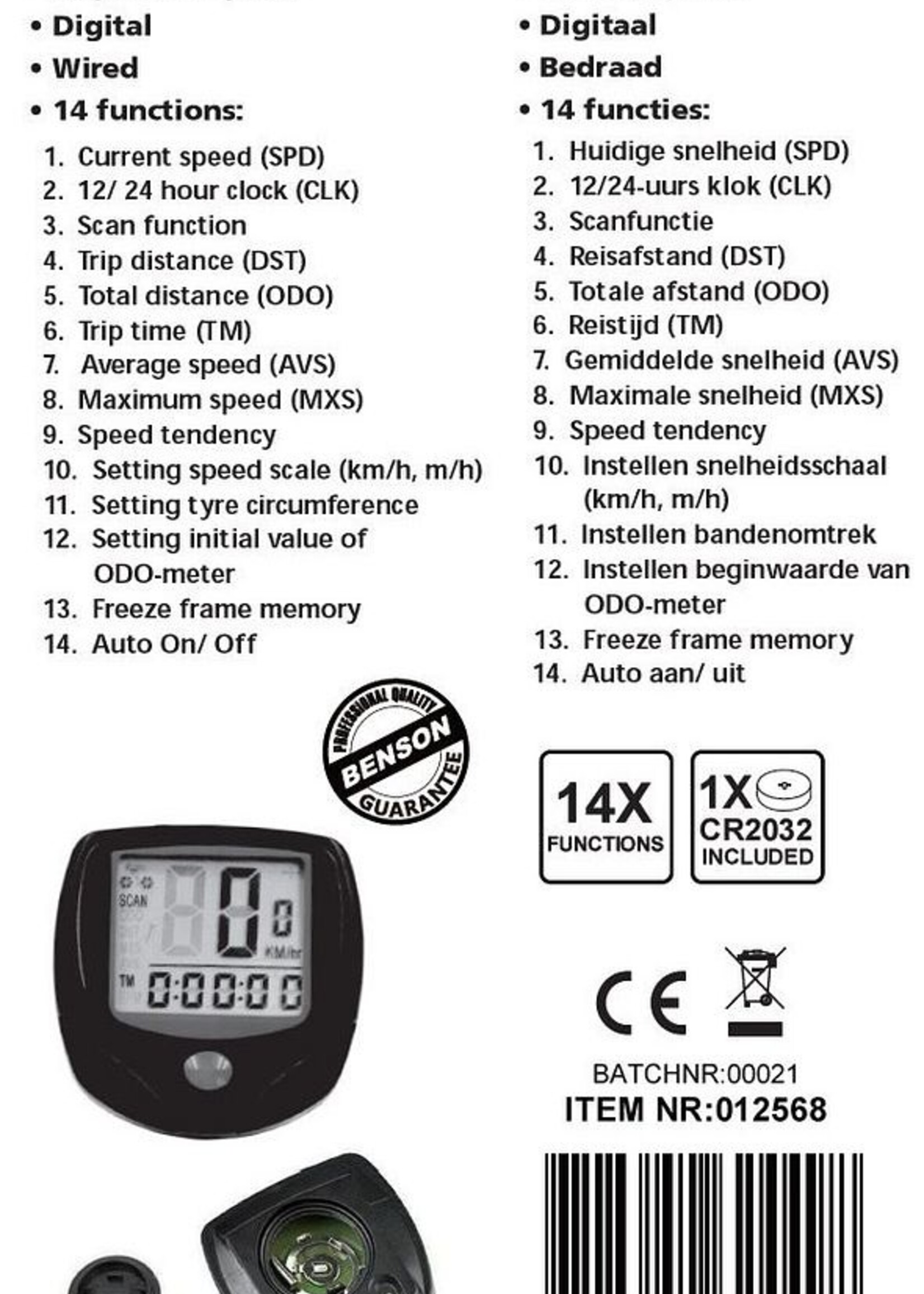Benson Bike Parts Fietscomputer Digitaal Bedraad 14 Functies - Zwart