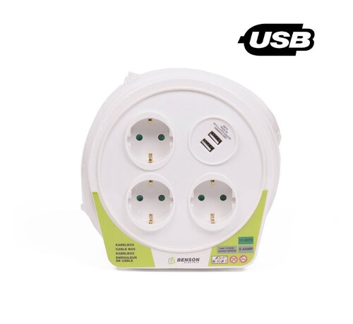 Benson Electric Kabelbox 10 Mtr 3 Voudig + 2 USB 2.4 Amp - Kabelhaspel