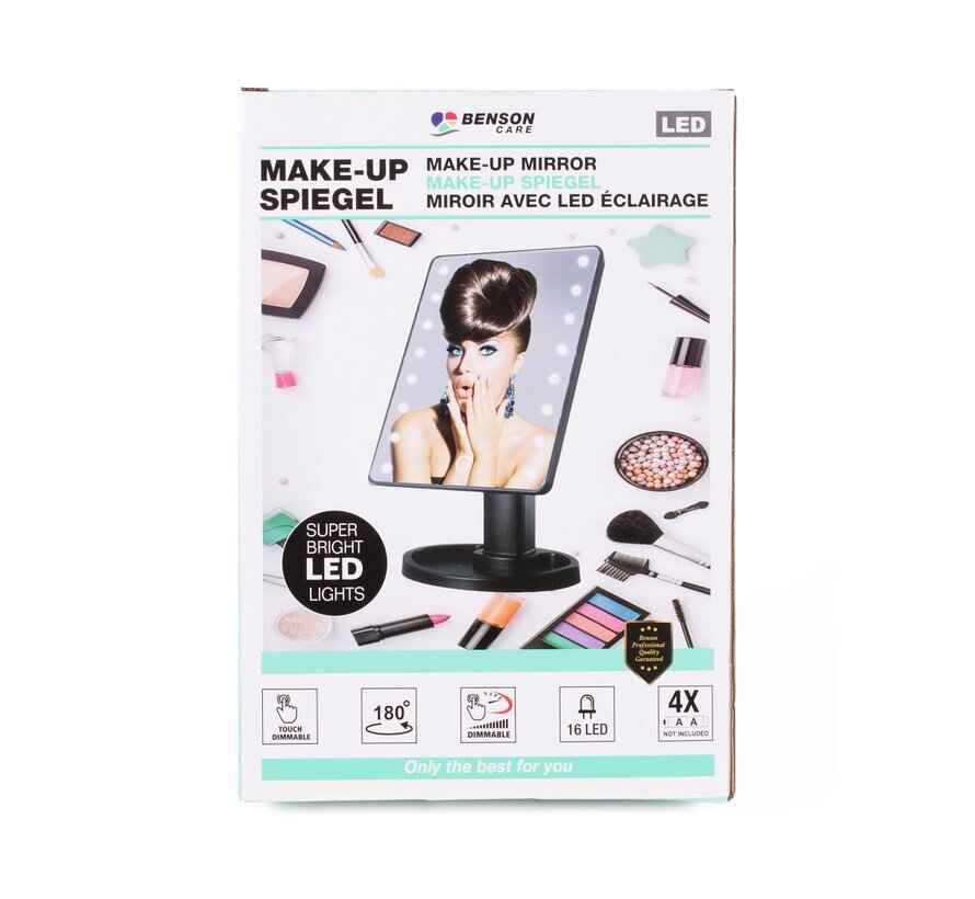 Spiegel Make-up 16 LED Dimbaar Zwart - Verlichte Make-up Spiegel