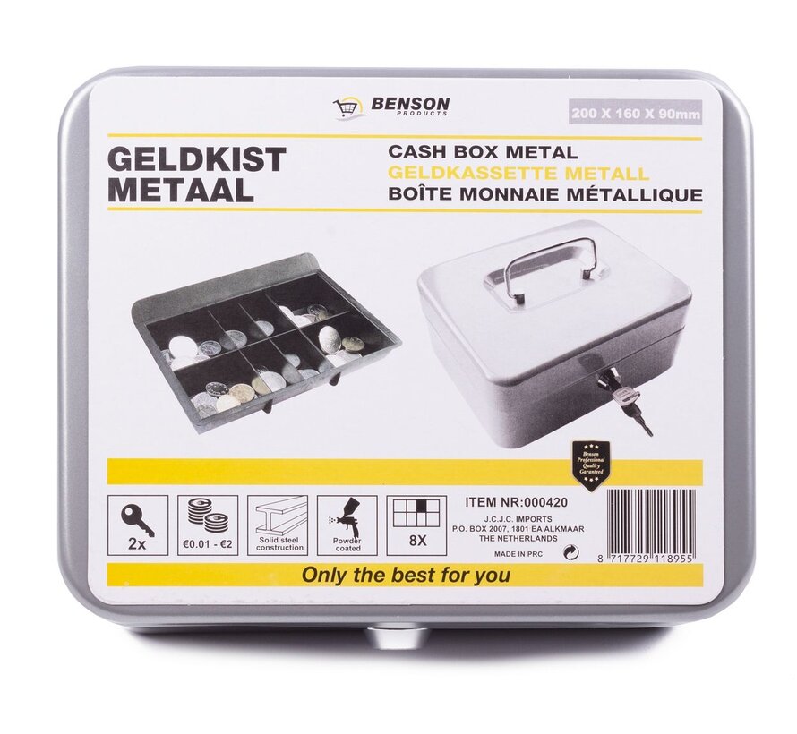 Geldkist Metaal Zilver 200 x 160 x 90mm - Muntenkistje - Sleutelkist