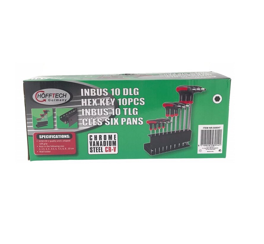 Inbus T-Sleutelset 10 dlg met Standaard - Ergonomische Handgrepen - Anti-Slip T-Handgrepen