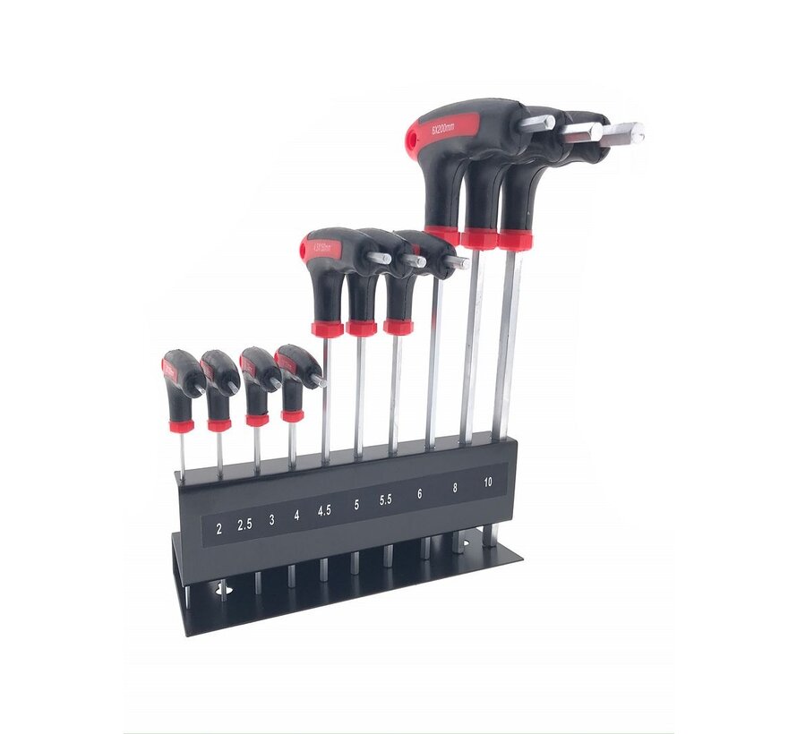 Inbus T-Sleutelset 10 dlg met Standaard - Ergonomische Handgrepen - Anti-Slip T-Handgrepen