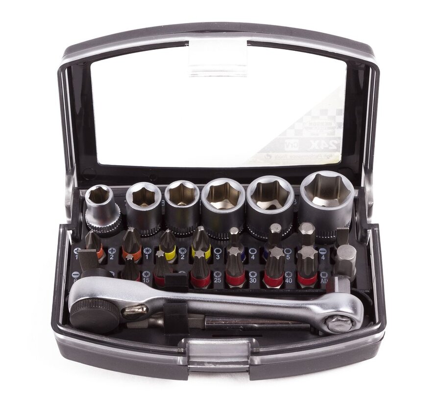 Bit - Doppenset 24 dlg + Ratel / Kleur Profi - Uitgebreide Bitset met Ratel voor Professionals
