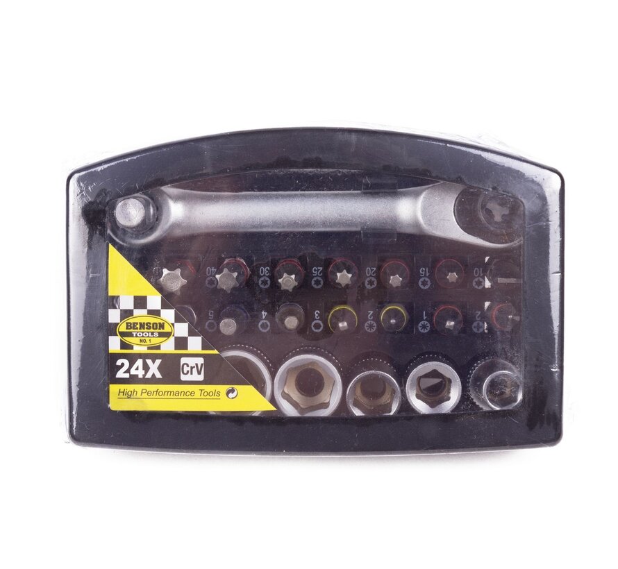 Bit - Doppenset 24 dlg + Ratel / Kleur Profi - Uitgebreide Bitset met Ratel voor Professionals
