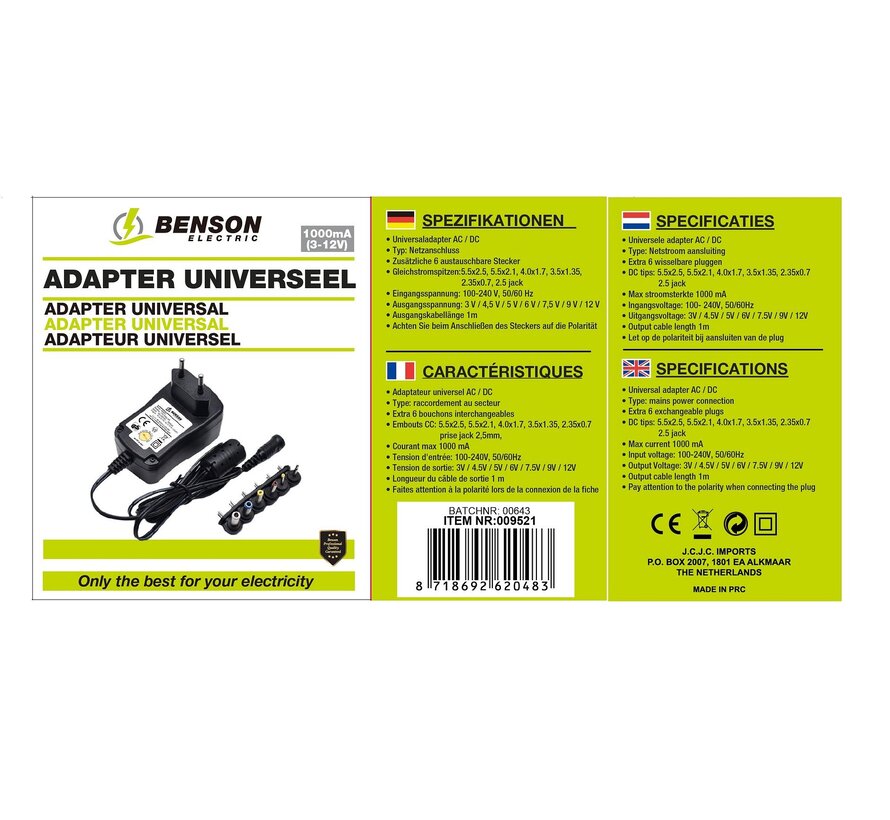 Adapter Universeel 1000 mA 3V-12V - Adapter Universeel