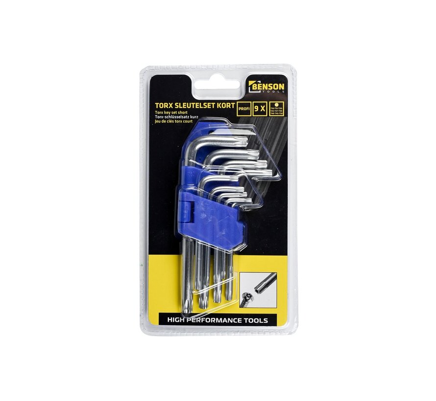Torx Sleutelset Kort 9 dlg Profi T10-15-20-25-27-30-40-45-50 - Compacte Set voor Hoge Prestaties