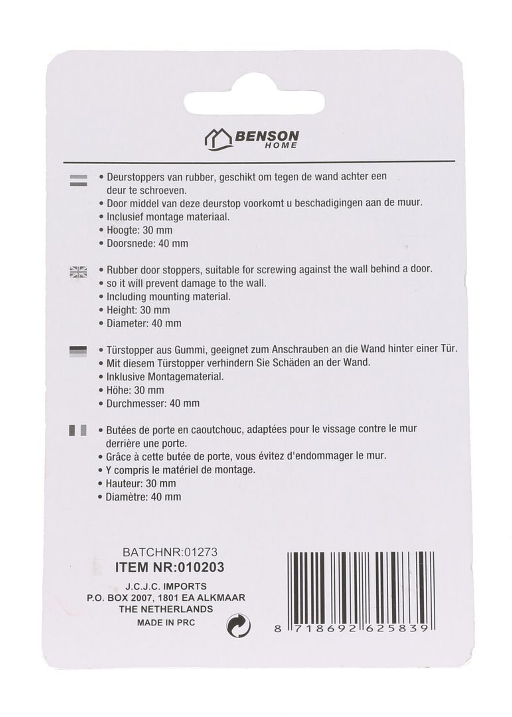 Benson Home Deurstopper Wandmontage - Deurbeschermer Deurstop Deuranker - 2 dlg