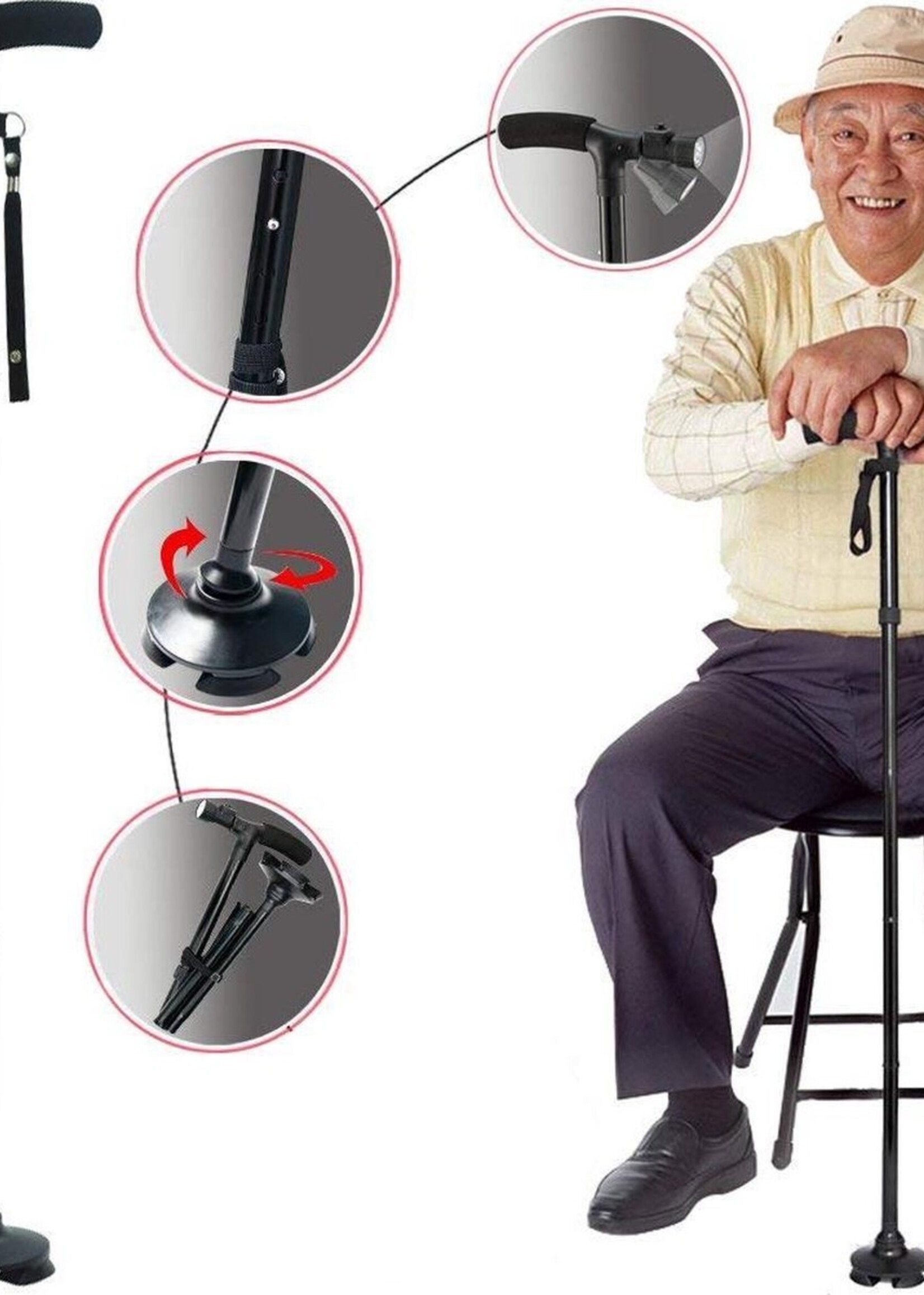 Wandelstok Easy Ergo + LED - Ergonomische Wandelstok voor Senioren - Zwart