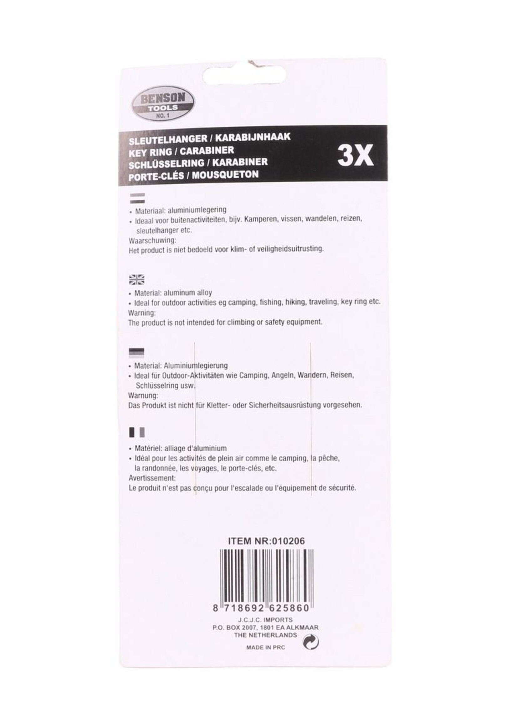 Benson Sleutelhanger Karabijnhaak 3 dlg - Multipurpose Karabijnhaak