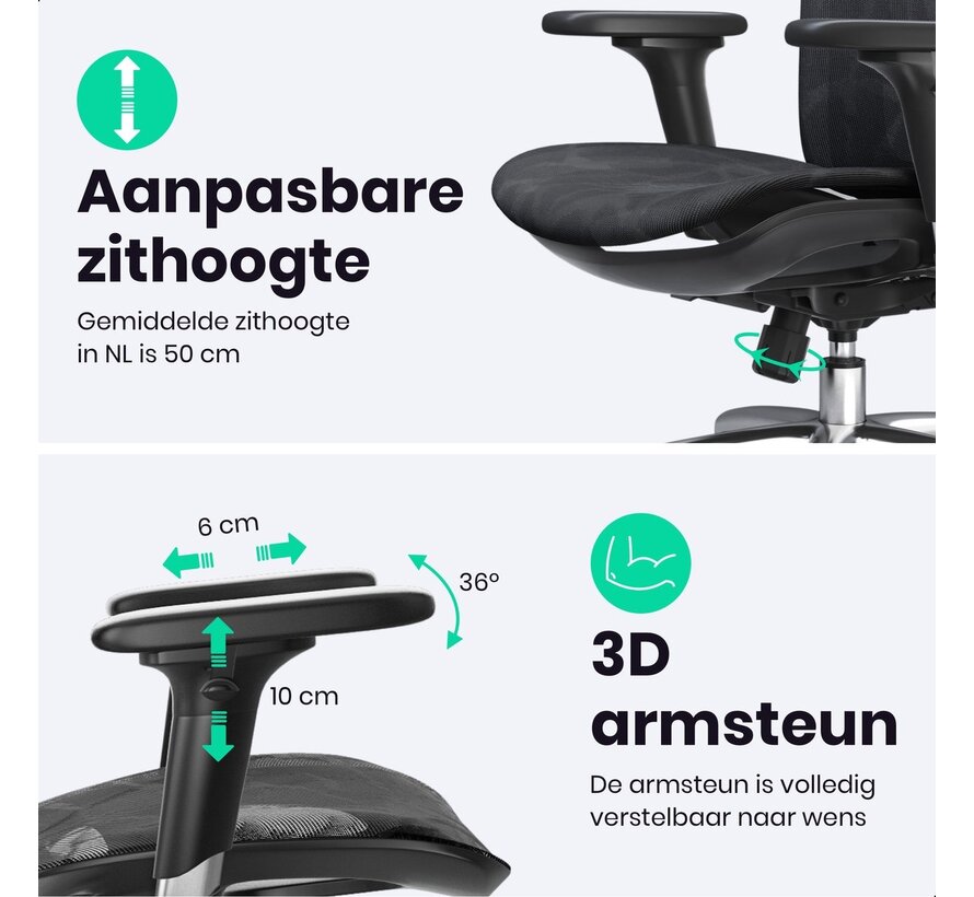 Ergonomische Bureaustoel Proline – 3D Verstelbaar Armsteun – Volledig Mesh Bekleding - Kantoorstoel, Vergaderstoel & Gaming stoel – Bureaustoel met Wieltjes - Zwart
