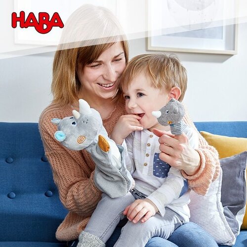 Haba Handpop neushoorn met baby