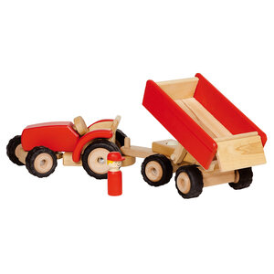 GOKI Grote rode houten traktor met aanhangwagen