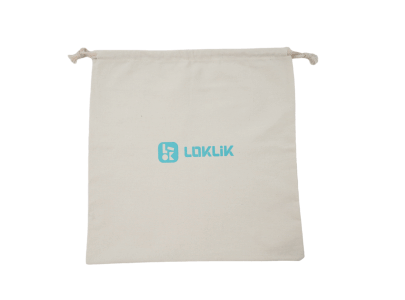 Side view of the empty fabric drawstring LOKLiK Easy Heat Press travel bag with a LOKLiK printed logo in the center