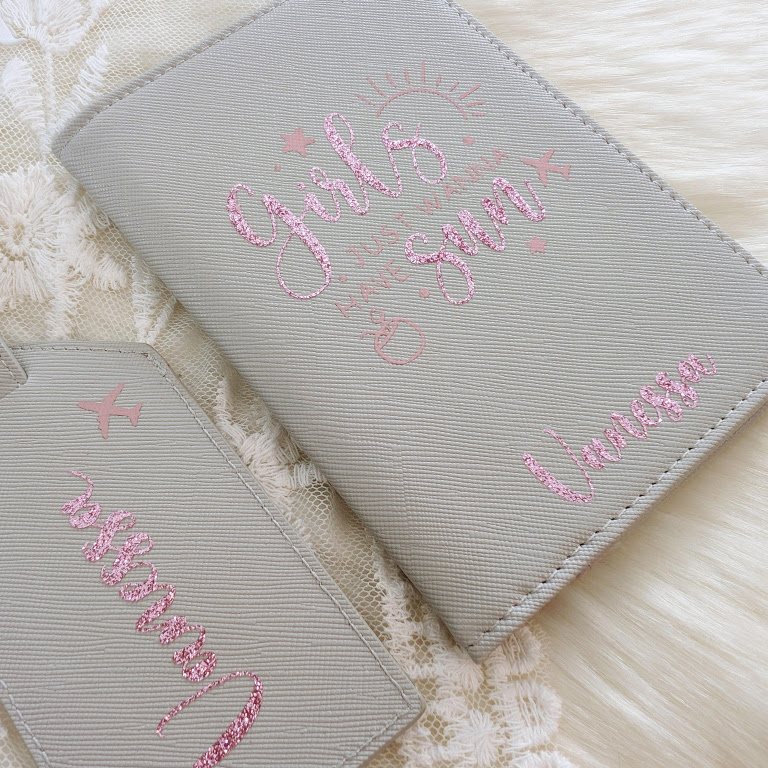 Light grey suitcase label and little wallet with the name Vanessa and Girl's just wanna have sun in glitter pink heat transfer vinyl.