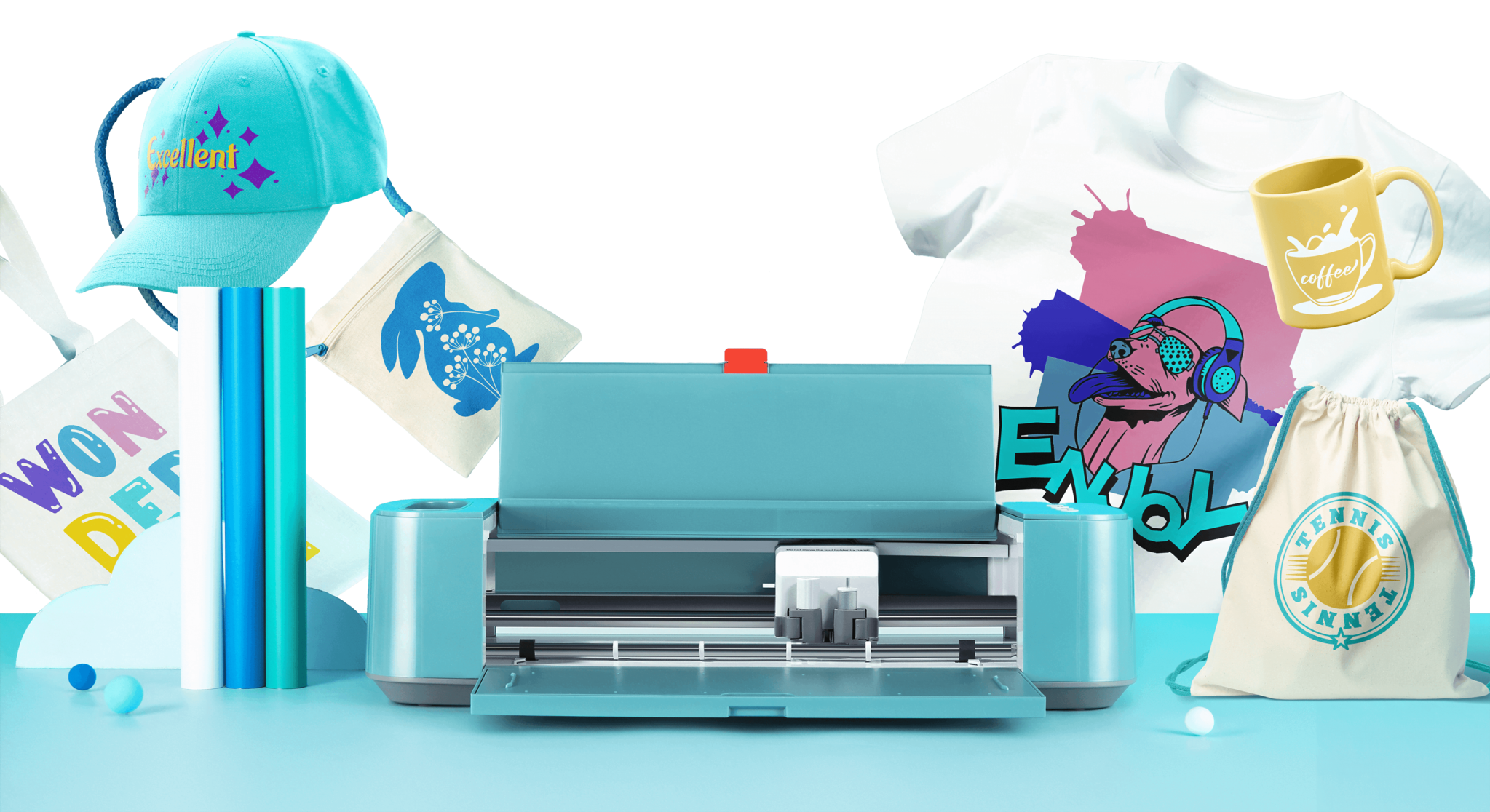 LOKLiK Crafter in Denim Blue on a light blue table in front of a gradient white to teal background with a LOKLiK pattern. On the left are three rolls of vinyl in white, blue and teal. Behind it float a teal cap with a heat transfer print of the word Excellent and stars, a small canvas bag with an iron-on print of a silhouette of a blue rabbit with flowers and a tote bag with different coloured letters spelling 'wonderful'. On the right of the cutting machine sits a canvas bag with strings on either side and a heat transfer print of a tennis ball and the word tennis around it. A yellow mug with a white permanent vinyl of a coffee cup with the word coffee is floating above it. Behind this floats a white shirt with an iron-on print of a dog with headphones sticking its tongue out and the text 'Enjoy' below it.