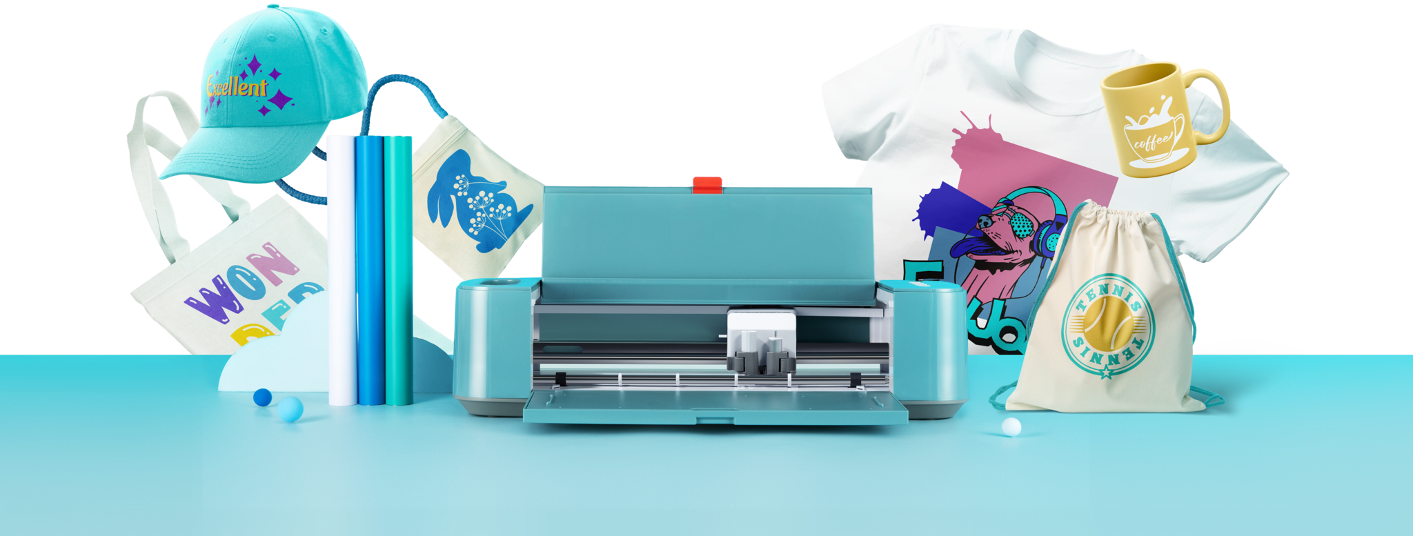 LOKLiK Crafter in Denim Blue on a light blue table in front of a gradient white to teal background with a LOKLiK pattern. On the left are three rolls of vinyl in white, blue and teal. Behind it float a teal cap with a heat transfer print of the word Excellent and stars, a small canvas bag with an iron-on print of a silhouette of a blue rabbit with flowers and a tote bag with different coloured letters spelling 'wonderful'. On the right of the cutting machine sits a canvas bag with strings on either side and a heat transfer print of a tennis ball and the word tennis around it. A yellow mug with a white permanent vinyl of a coffee cup with the word coffee is floating above it. Behind this floats a white shirt with an iron-on print of a dog with headphones sticking its tongue out and the text 'Enjoy' below it.