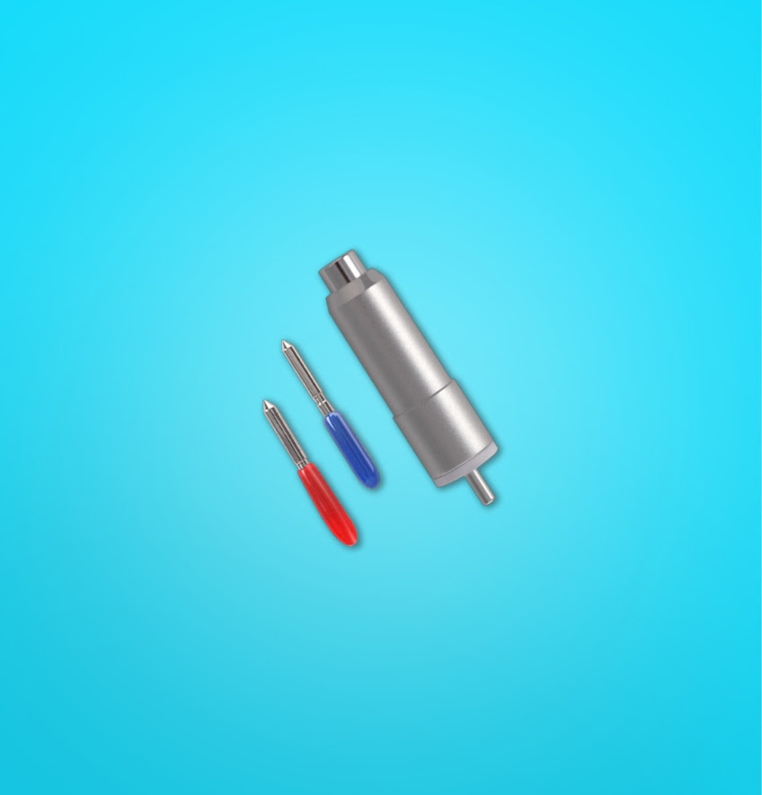 Two blades and a blade holder on a light blue background.