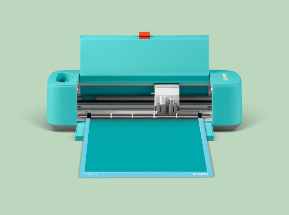 Vista frontal de un LOKLiK Crafter abierto con una alfombrilla de corte azul y vinilo adhesivo permanente azul tiffany.