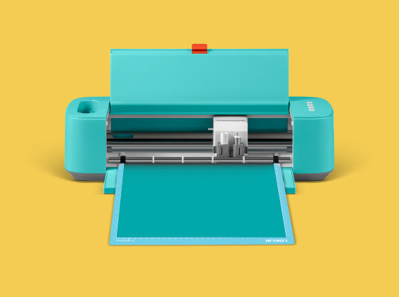 Frontal view of an open LOKLiK Crafter with a blue cutting mat and teal permanent adhesive vinyl.