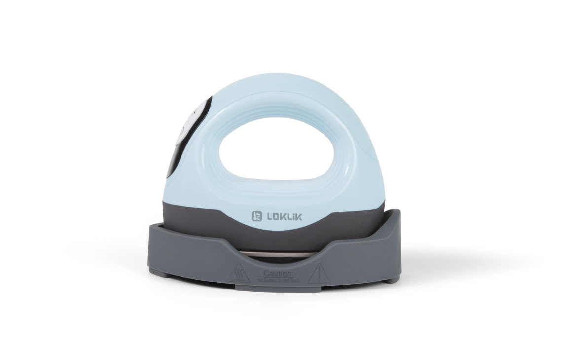Side view of a LOKLiK ImPress™ Mini 3 in Bubble Blue sitting in the safety base.