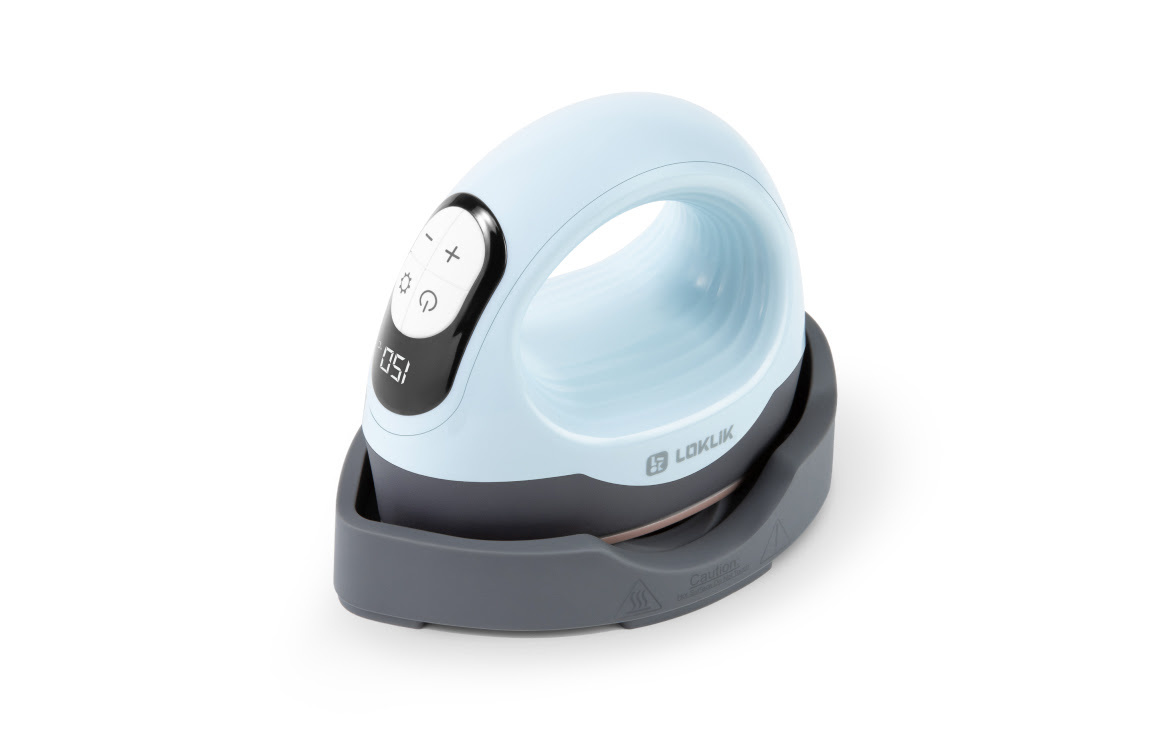 Side view of a LOKLiK ImPress™ Mini 3 in Bubble Blue on its safety base.