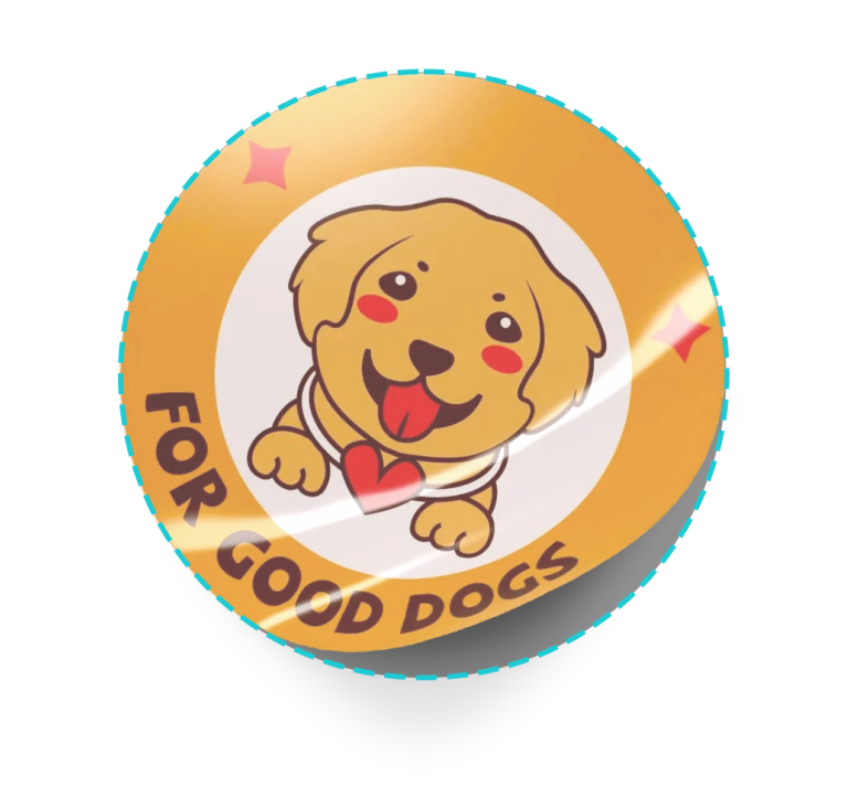 Aufkleber mit dem Motiv eines glücklichen Hundes und dem Schriftzug "for good dogs" in einem orangefarbenen Rahmen. Der Aufkleber schält sich leicht ab, um die Konturfolgefähigkeit des LOKLiK iCraft™ zu zeigen.