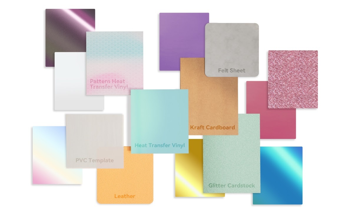 Several sheets of different types of materials laid on top of eachother, eg. pattern heat transfer vinyl, PVC template, heat transfer vinyl, leather, Kraft cardboard.